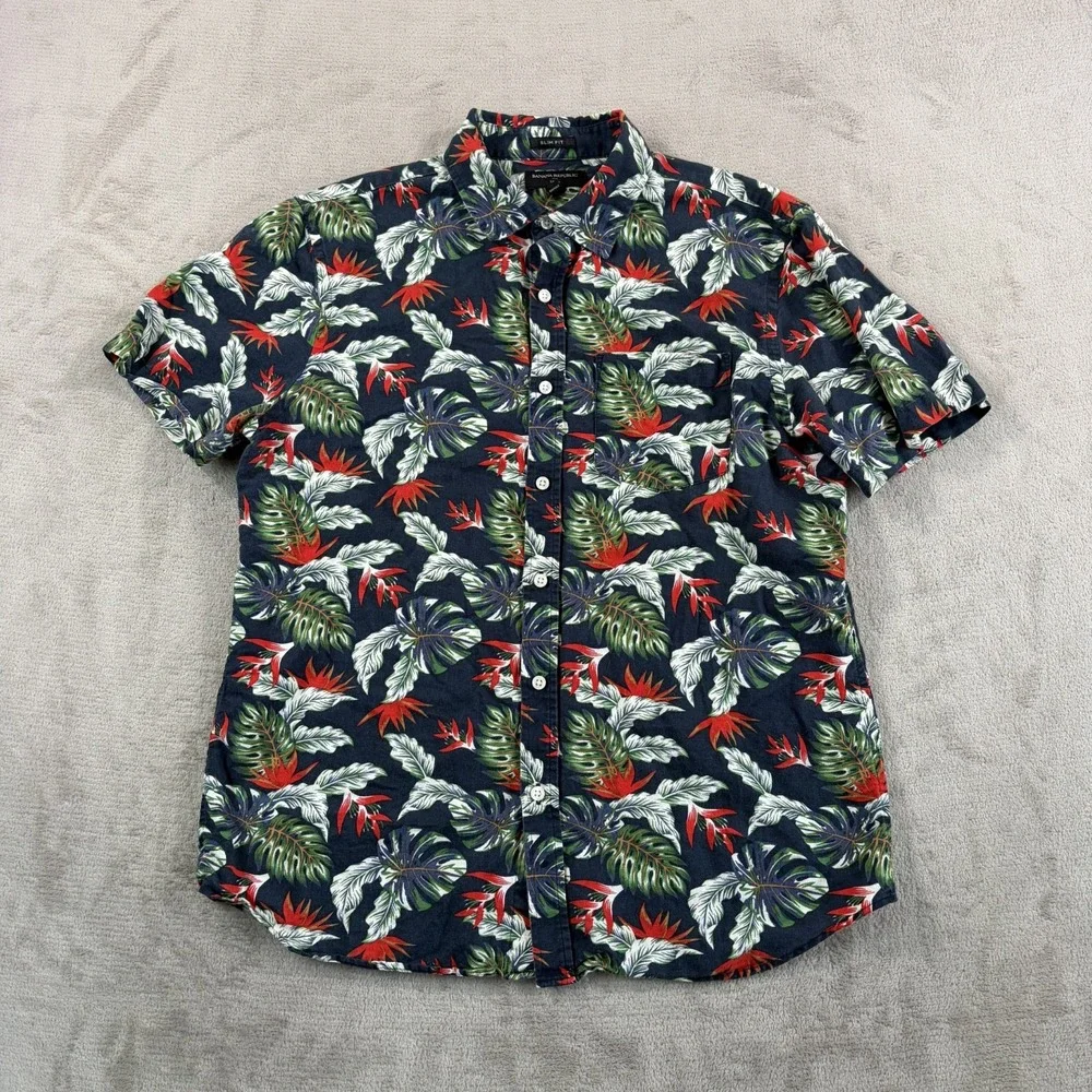 Banana Republic Slim Fit Linen Blend Shirt in Multi Tropical Floral Men Large